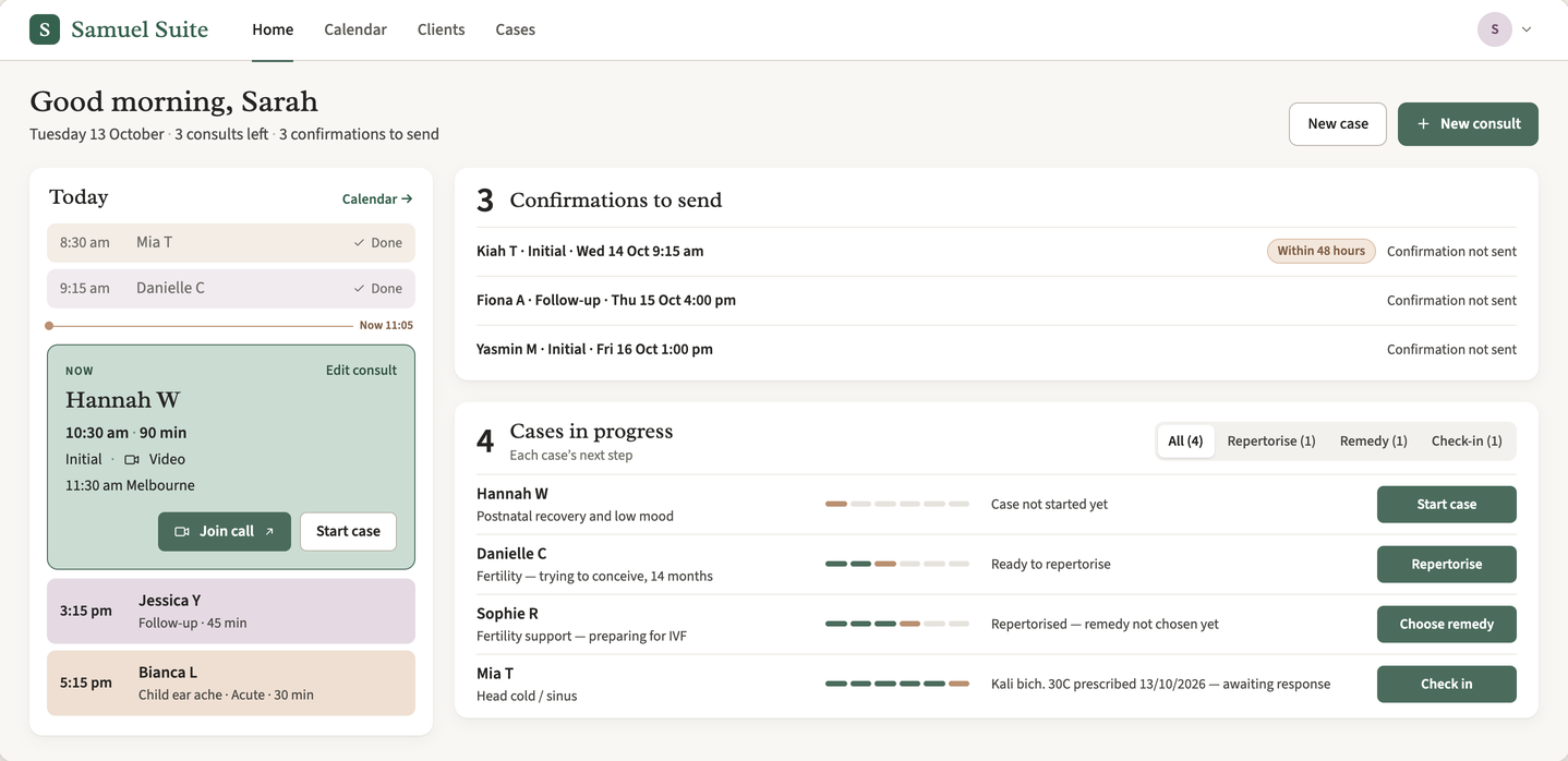 Samuel Suite home screen: today's consults, confirmations to send, and each case in progress with its next step.
